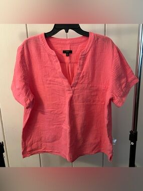 J. Crew Coral Pink Gauze Cotton Split-Neck Top